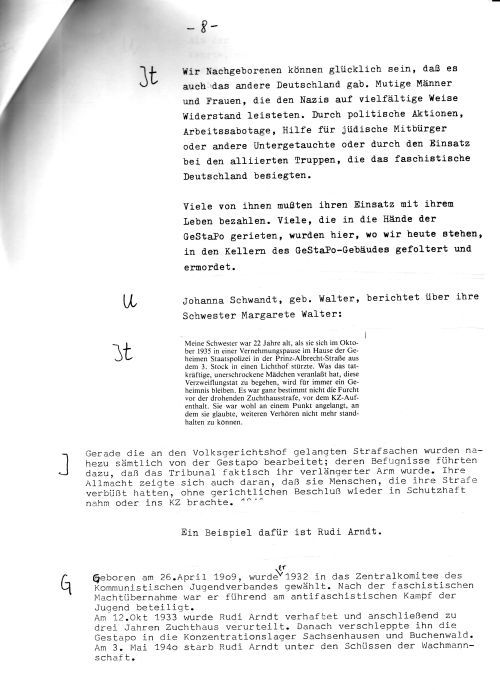 Dokumentenseite mit Text über NS-Widerstand, Gestapo-Folter und das Schicksal einzelner Verfolgter, darunter Margarete Walter und Rudi Arndt. Handschriftliche Kürzel am Rand: „J“, „G“, „U“ und „Jt“.